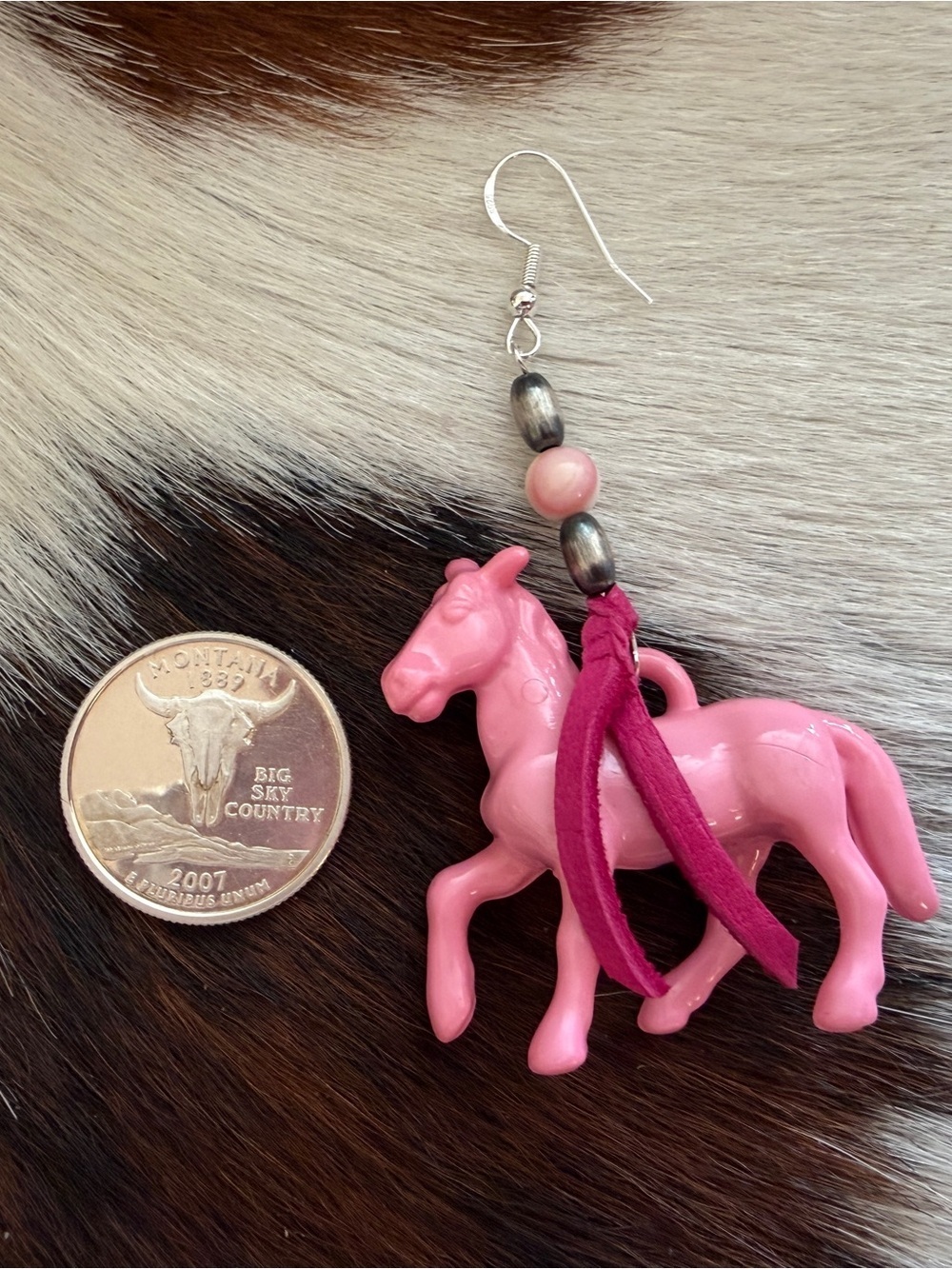 ❤️ 925 Pink Conch Cowgirl Pony Horse Rodeo Earrings Leather Tassels Beads - Picture 3 of 14